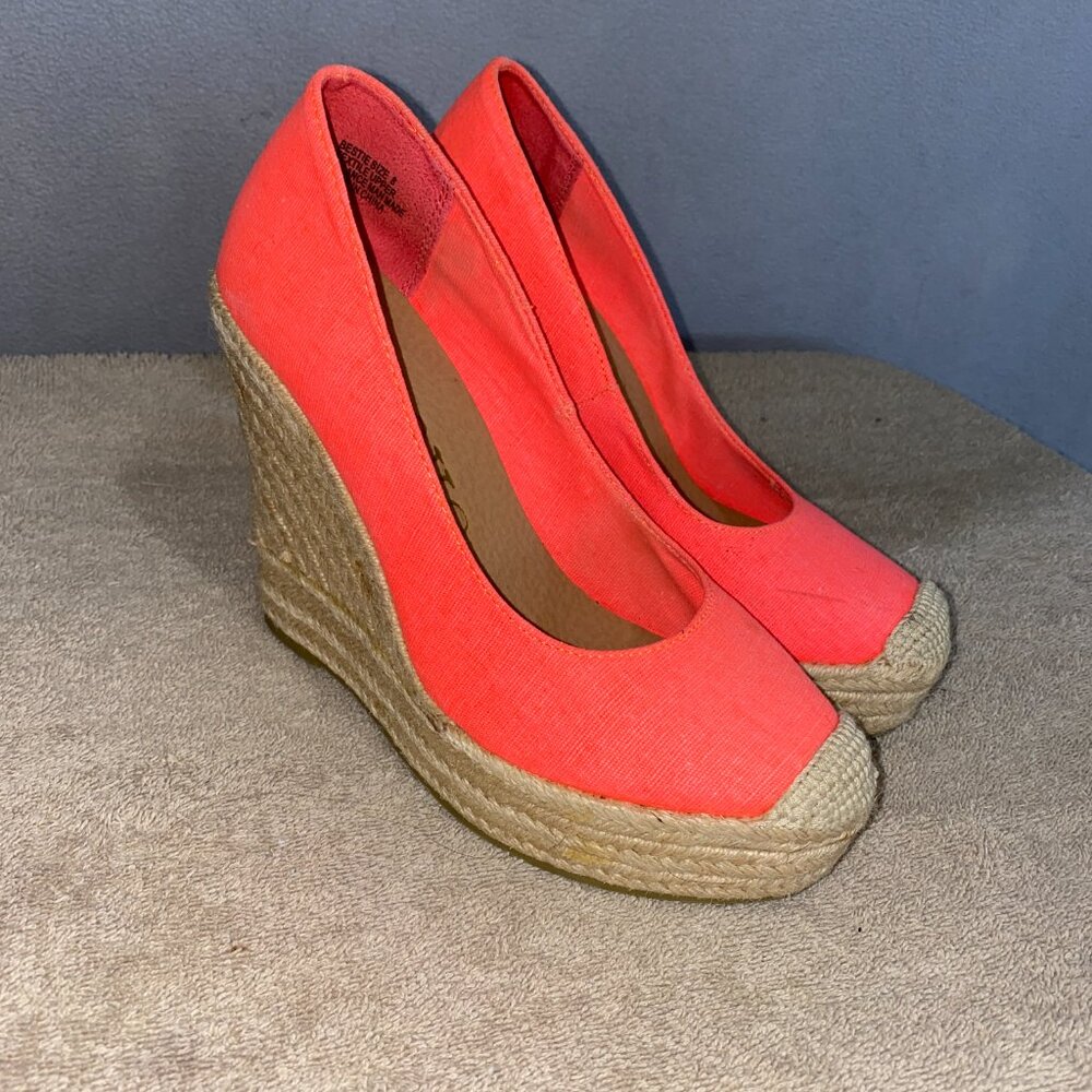 Groove Neon Coral Espadrille Wedge Heels Size 8 | Canvas Summer Shoes